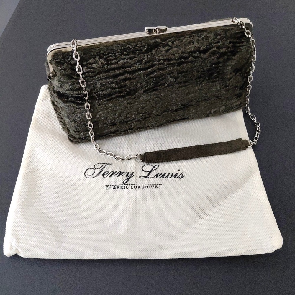 JERRY LEWIS Classic Luxuries Dark Green Handbag Faux Fur & Dustbag VTG Reto Chic - Picture 1 of 11